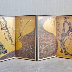 Miniature Byobu Folding Screen | Replica of National Treasure by Ogata Korin | Vintage Japanese Art Decor