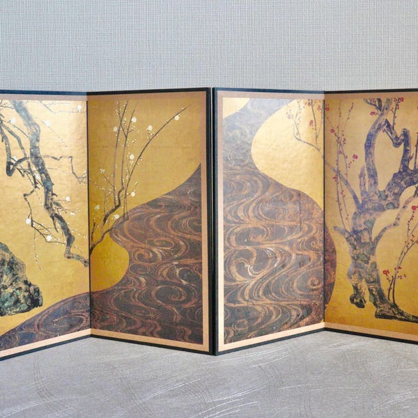 Paravento pieghevole Byobu in miniatura | Replica del Tesoro nazionale di Ogata Korin | Decorazione d'arte giapponese d'epoca