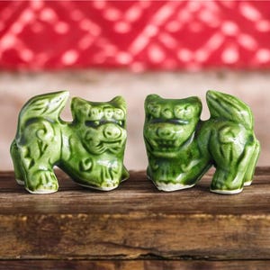 Japanese Vintage Small Shisa Lion Pair Ceramic Okinawa Guardian Lion Figurine Home Decor Lucky Charm Gift