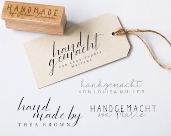 May include: A wooden stamp with the text "HANDMADE by Julia Brown" sits next to a tag with the words "handgemacht von Lena-Sophie Martens" in elegant script. Additional text samples are also displayed.