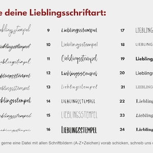 May include: A graphic showcasing 24 different font styles labeled with numbers and the word "Lieblingsstempel". The text "W&auml;hle deine Lieblingsschriftart:" is at the top. Additional text at the bottom offers a file of all fonts.