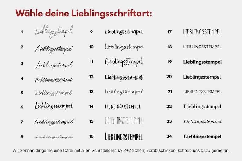 May include: A graphic showcasing 24 different font styles labeled with numbers and the word "Lieblingsstempel". The text "W&auml;hle deine Lieblingsschriftart:" is at the top. Additional text at the bottom offers a file of all fonts.