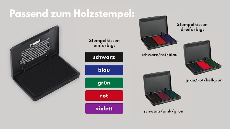May include: Black ink pad with a hinged lid, next to color swatches for black, blue, green, red, and violet ink pads. Also shown are multi-color ink pads in black/red/blue, gray/red/light green, and black/pink/green.