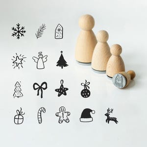 Mini tampons de Noël en bois – 15 motifs, 4 tailles – Tampons pour loisirs créatifs, cartes, sapin de Noël, renne, étoile, cadeau, bricolage d'hiver pour enfants HS149