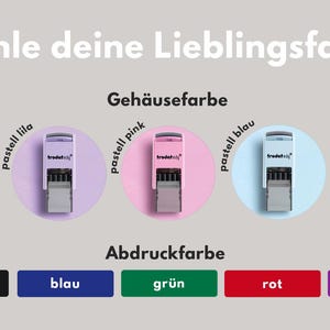 May include: An image showcasing a selection of self-inking stamps in various pastel colors. The text "Choose your favorite color" is displayed above the stamps. The stamp colors include green, purple, pink, blue, and cream. Below are color options for the ink: black, blue, green, red, and violet.