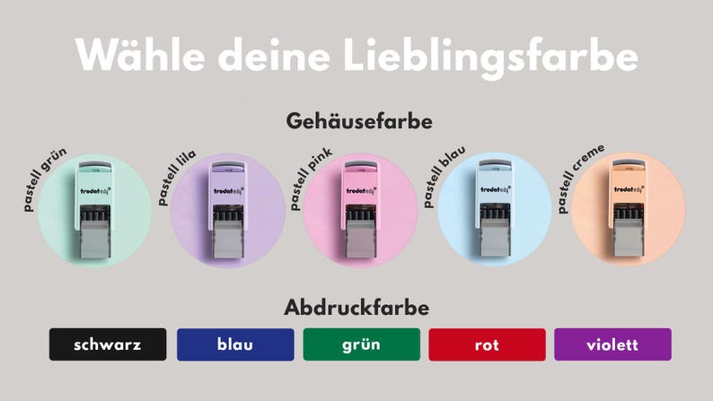 May include: An image showcasing a selection of self-inking stamps in various pastel colors. The text "Choose your favorite color" is displayed above the stamps. The stamp colors include green, purple, pink, blue, and cream. Below are color options for the ink: black, blue, green, red, and violet.