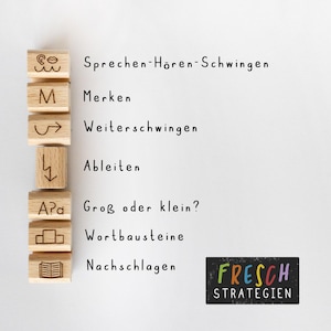 May include: A set of wooden stamps with different symbols and text. The stamps are arranged vertically on a white background. The text on the stamps reads: "Sprechen-H&ouml;ren-Schwingen", "Merken", "Weiterschwingen", "Ableiten", "Gro&szlig; oder klein?", "Wortbausteine", "Nachschlagen". The bottom right corner of the image features a logo with the text "FRESCH STRATEGIE".