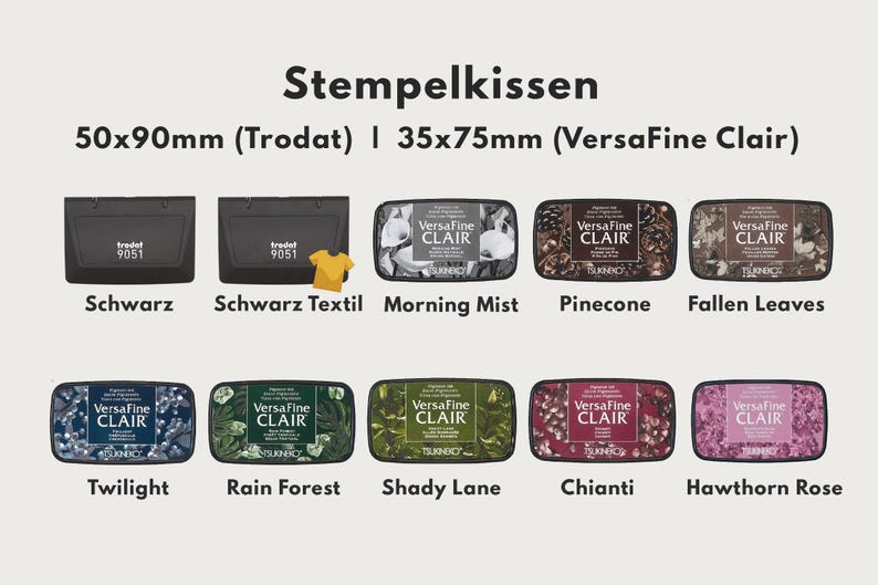 May include: An image showcasing various stamp pads, including black Trodat 9051 models and VersaFine Clair pads in multiple colors and designs. The pads are labeled with names like "Morning Mist," "Pinecone," and "Twilight."