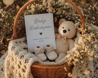 Plantilla digital de Canva editable para anuncio de bebé neutral, revelación de embarazo, para redes sociales, diseño moderno y sencillo.