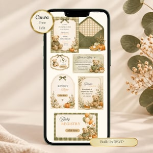 Puede incluir: Una pantalla de smartphone que muestra un conjunto de plantillas de invitación para baby shower con temática de ositos y calabazas. Los diseños incluyen patrones de cuadros, follaje otoñal y texto como A Little Pumpkin Pie Is On The Way.