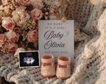 Minimalist Baby Girl Pregnancy Announcement Template Ultrasound Reveal Flowers Design (Digital Download)