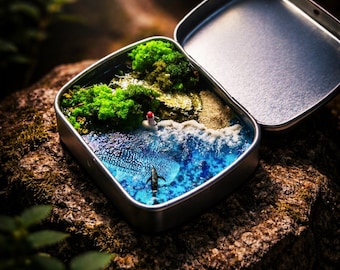 Origineel handgemaakte miniatuur oceaandiorama, hars kustzeegezichtlandschap, decor klein strandtafereel, uniek oceaancadeau