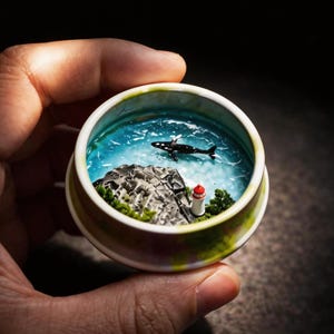 Puede incluir: Diorama en miniatura dentro de un pequeño recipiente redondo. La escena representa una ballena nadando en agua azul, un acantilado rocoso, un faro y pequeños árboles verdes. El recipiente se sostiene en una mano.