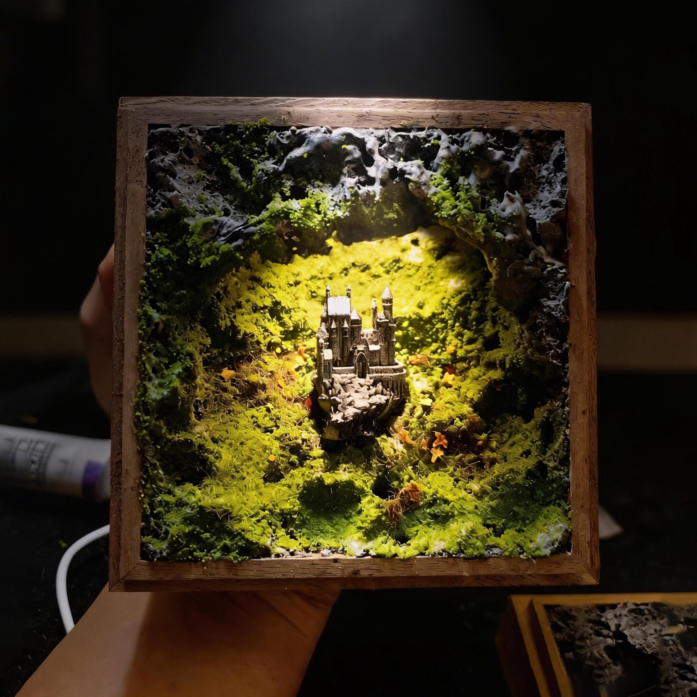 Original Handmade Forest Castle Shadow Box,Lighted Miniature Diorama,Enchanted Castle Wood Frame Decor,Fantasy Gift