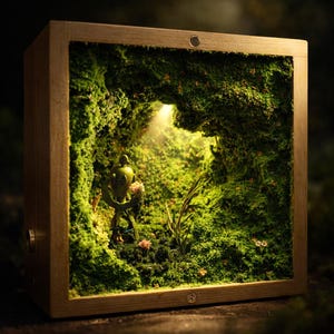 Puede incluir: Diorama de un bosque en miniatura dentro de una caja de madera. La escena presenta musgo verde exuberante, una pequeña figura y flores delicadas. La caja tiene un acabado de madera natural y cálido, creando una exhibición cautivadora.