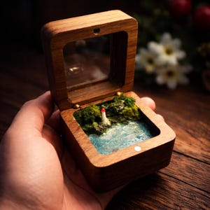 Original handgjord ringask i svart valnöt, presentask med minifyr och havsdiorama, romantisk frieridekoration i harts med havsmotiv