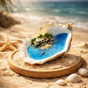 Diorama original en miniatura de concha de ostra hecha a mano, escena de isla marina de resina, decoración costera para el hogar, regalo artístico de tiburón pequeño