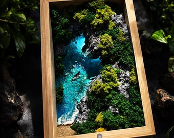 Original Handmade Ocean Heart Bay Diorama with Bamboo Box, Resin Seascape Decor, Aromatherapy Night Light, Coastal Desk Decor, Unique Gift