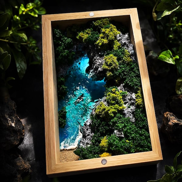 Diorama original hecho a mano con forma de corazón marino en la bahía, con caja de bambú, decoración de paisaje marino en resina, luz nocturna de aromaterapia, decoración de escritorio costera, regalo único.