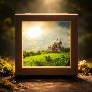 Puede incluir: Una obra de arte enmarcada en madera con una escena de paisaje en miniatura. La escena representa un día soleado con una colina verde y cubierta de hierba, una pequeña estructura y un cielo brillante. El marco es de color marrón claro.