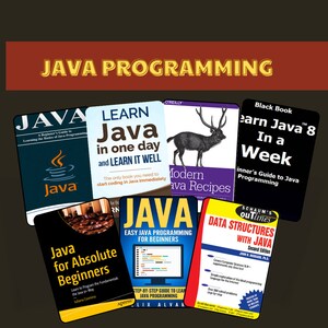 Op de afbeelding: Een verzameling boekomslagen voor Java-programmeerboeken. De omslagen tonen verschillende kleuren en ontwerpen, waaronder een hert, een computerscherm en tekst die zegt "Leer Java in &eacute;&eacute;n dag".