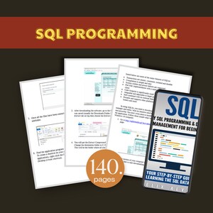 Op de afbeelding: Een close-up van een smartphone die een digitale boekomslag toont met de titel "SQL Programming & Data Management for Beginners: Your Step-by-Step Guide Learning the SQL Data". De omslag heeft een kleurrijke illustratie van code en een database-icoon. Het boek is 140 pagina's lang.