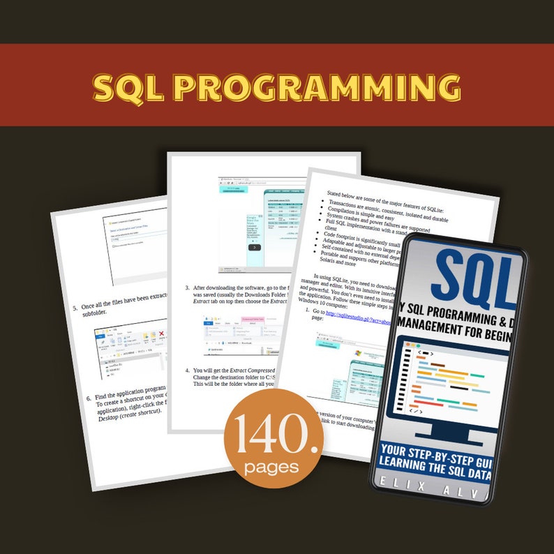 Op de afbeelding: Een close-up van een smartphone die een digitale boekomslag toont met de titel "SQL Programming & Data Management for Beginners: Your Step-by-Step Guide Learning the SQL Data". De omslag heeft een kleurrijke illustratie van code en een database-icoon. Het boek is 140 pagina's lang.