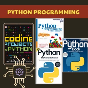 Op de afbeelding: Drie boekomslagen voor het leren van Python-programmeren. Het eerste boek is getiteld "Coding Projects in Python" en bevat een kleurrijke illustratie van een computerchip. Het tweede boek is getiteld "Python Programming for the Absolute Beginner" en bevat een kleurrijke illustratie van bouwstenen. Het derde boek is getiteld "The Python Book" en bevat een geel en blauw Python-logo.