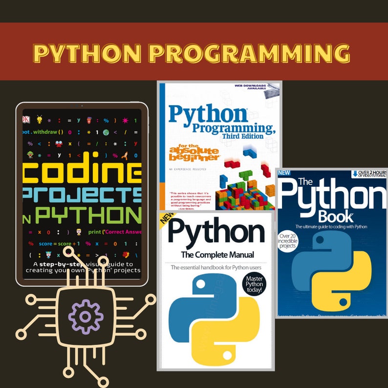 Op de afbeelding: Drie boekomslagen voor het leren van Python-programmeren. Het eerste boek is getiteld "Coding Projects in Python" en bevat een kleurrijke illustratie van een computerchip. Het tweede boek is getiteld "Python Programming for the Absolute Beginner" en bevat een kleurrijke illustratie van bouwstenen. Het derde boek is getiteld "The Python Book" en bevat een geel en blauw Python-logo.