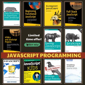 Op de afbeelding: Een collage van boekomslagen met verschillende JavaScript-programmeerboeken. De boeken behandelen onderwerpen zoals datastructuren, algoritmen, functionele programmering, full-stack ontwikkeling, HTML5- en JavaScript-projecten en het leren van JavaScript. De collage bevat een banner met een tijdelijke aanbieding met een winkelwagenpictogram en de tekst "NU KOPEN".