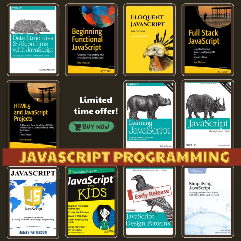 Op de afbeelding: Een collage van boekomslagen met verschillende JavaScript-programmeerboeken. De boeken behandelen onderwerpen zoals datastructuren, algoritmen, functionele programmering, full-stack ontwikkeling, HTML5- en JavaScript-projecten en het leren van JavaScript. De collage bevat een banner met een tijdelijke aanbieding met een winkelwagenpictogram en de tekst "NU KOPEN".