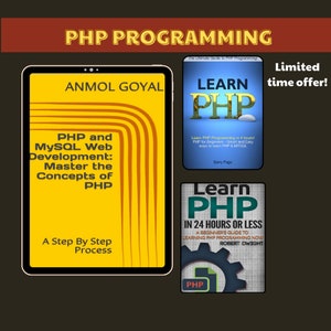 Op de afbeelding: Drie boekomslagen voor PHP-programmeerhandleidingen. De eerste boekomslag is geel met zwarte tekst en een regenboogontwerp. De titel is "PHP en MySQL Web Development: Master the Concepts of PHP". De tweede boekomslag is blauw met witte tekst en een groot wit PHP-logo. De titel is "Leer PHP". De derde boekomslag is grijs met zwarte tekst en een tandwielontwerp. De titel is "Leer PHP in 24 uur of minder".