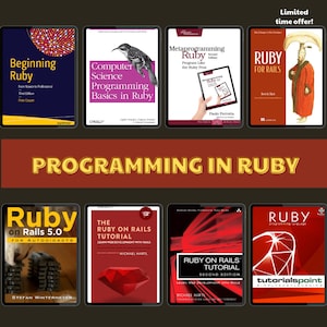 Op de afbeelding: Een collage van boekomslagen met verschillende titels over programmeren in Ruby. De boeken zijn in een raster gerangschikt met de woorden "PROGRAMMING IN RUBY" in grote, gele letters bovenaan.