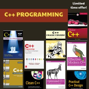 Op de afbeelding: Een collage van boekomslagen met C++-programmeerboeken. De boeken zijn in een rasterpatroon gerangschikt en hebben verschillende titels, auteurs en omslagontwerpen. Alle boeken gaan over de programmeertaal C++.