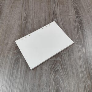 May include: A white, rectangular notepad with dot grid paper. The notepad has five pre-punched holes along the left edge. The notepad is lying on a wooden surface with a grey wood grain pattern.