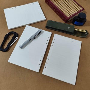 May include: Three white lined paper sheets with punched holes for a binder, a silver fountain pen, a black carabiner, a dark green leather pen case containing a gold pen, a small blue ink bottle, and a red book with a gold circular pattern.