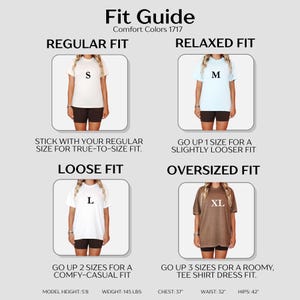 May include: A fit guide graphic with four sections: Regular, Relaxed, Loose, and Oversized fit. Each section shows a person wearing a t-shirt with a size label. Text advises sizing up for a looser fit. Model height is 5'8", weight 145 lbs, chest 37", waist 32", and hips 42".