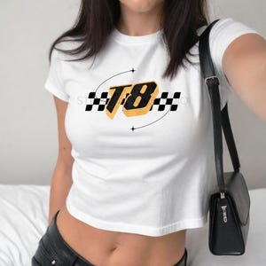 Tate McRae T8 Baby Tee | Y2K Checkered Print Concert Crop Top | Miss Possessive Tour Shirt | T8 Racer Graphic Tee | Tate McRae Fan Outfit
