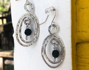 Lightweight earrings Free Form Wire Wrapped Earrings non tarnish earrings aluminum earrings  925 wires jet black bead