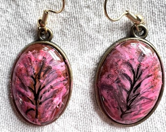 Hand Painted textured glass oval earrings painting plant pink black pen and ink gift