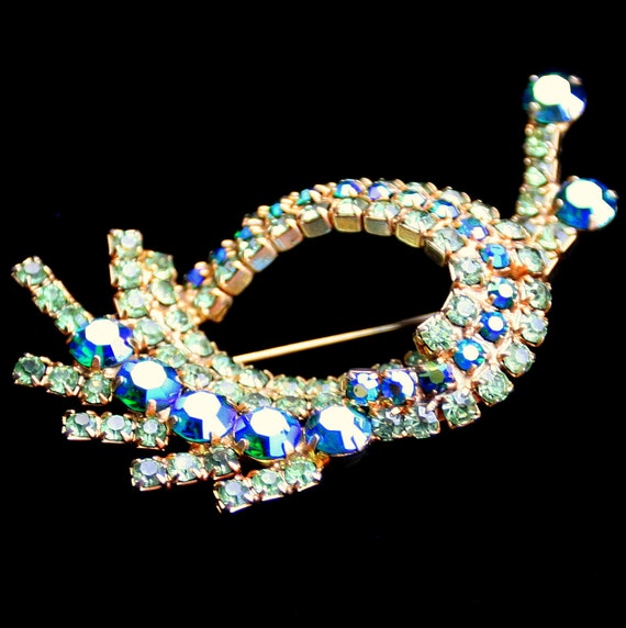 Vintage Rhinestone Brooch Fabulous Snail Turquois… - image 1