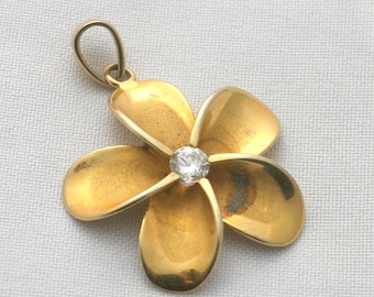 Vintage  Sterling Silver Gold Vermeil Flower Pendant Clear Rhinestone Center Makers Mark