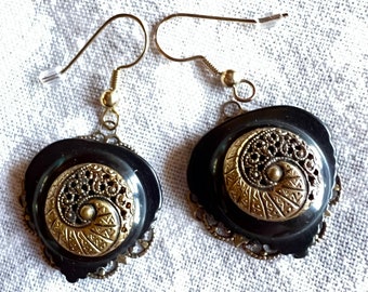 Bakelite earring black Bakelite earring antique gold metal earring button earring gold filigree button earring gift