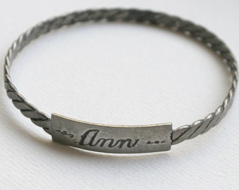 SALE Vintage Solid Sterling Silver ID Bangle Engraved Name ANN Twisted Rope Design Patina