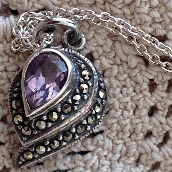 Sterling Silver Marcasite and Amethyst Pendant an… - image 2