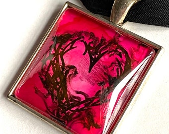 Hand painted heart under domed glass square pendant - perfect valentines gift