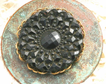 Button Pendant - Antique Black Glass Mourning Button on brass with Patina - Vintage Chain