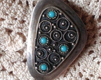 Vintage Sterling Silver Brooch Pendant Jerusalem Israel Turquoise