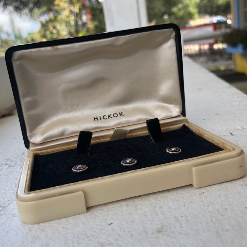 Mother of Pearl Early Vintage Hickok Tuxedo Studs in Original Celluloid Box