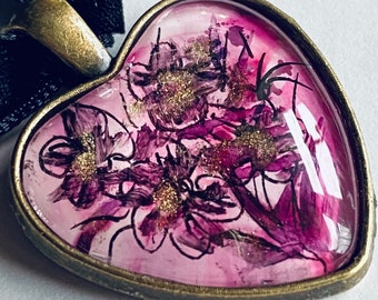 Domed Glass hand painted heart shaped pendant brass frame pen and ink - pink